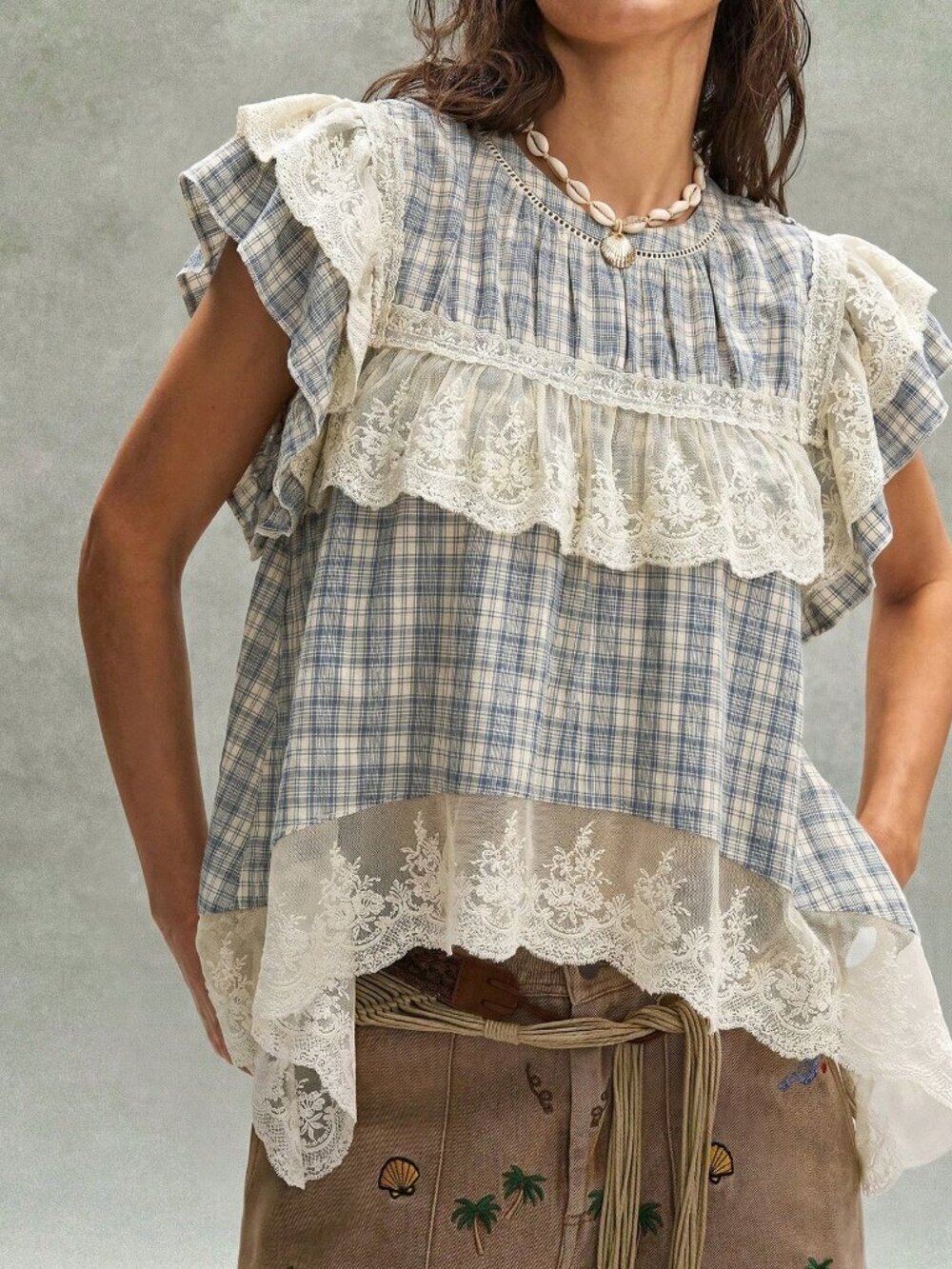 Blue And White Cute Women's Casual Woven Plaid Contrast Lace Loose Blouse